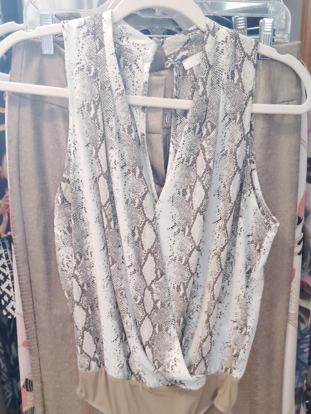 Lush White and Brown Snake-Print Sleeveless Wrap Bodysuit S NWT